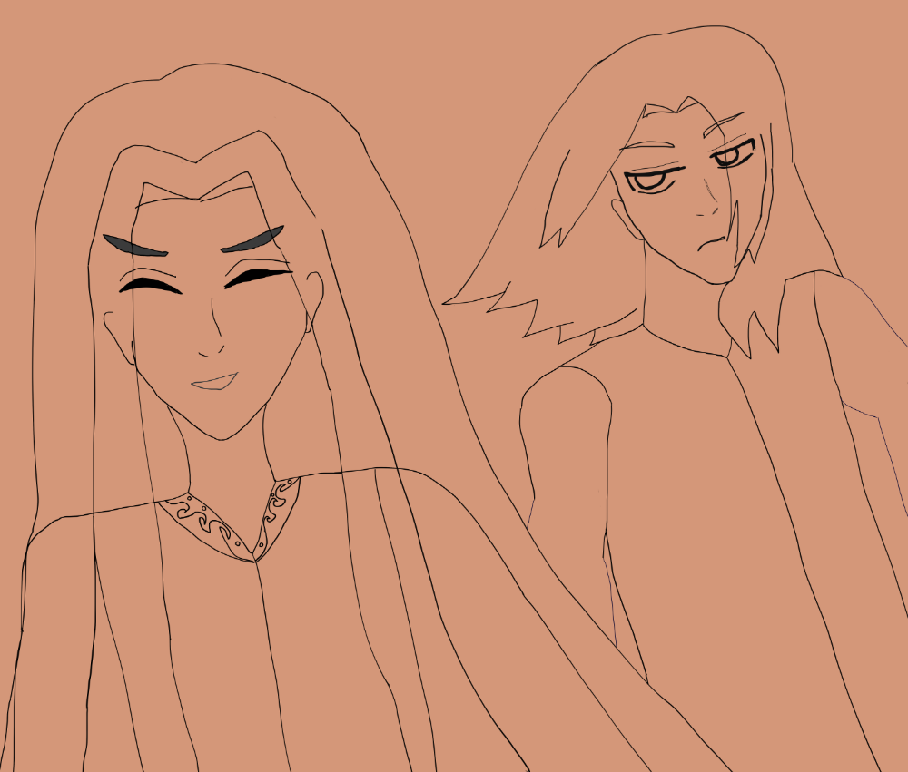 Alejandro looking calm and cheerful toward an unknown individual, wearing a tunic with sea and circular sun design along the collar and with long hair. Antonio watches him coldly from a bit behind him, seeming to be sitting. There are no colors and the background is taupe.